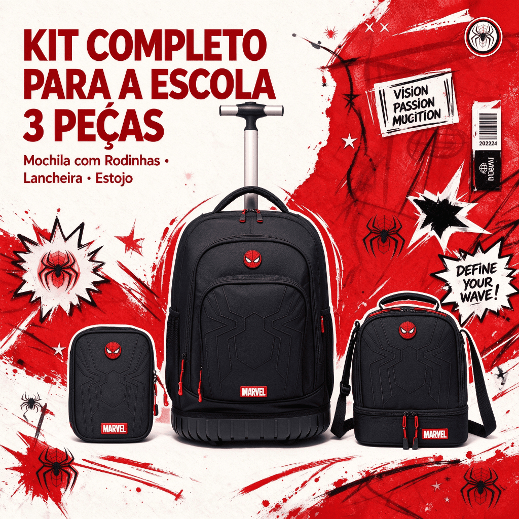 Imagem Kit Escolar Mochila De Rodinhas Spider Man Lancheira Estojo Infantil Menino Marvel