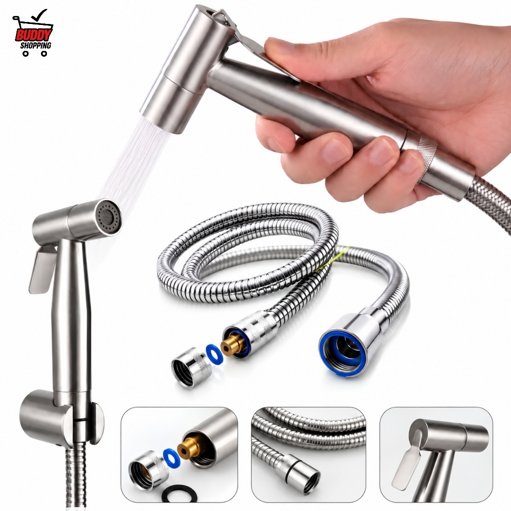 Ducha Higiênica Aço Inox com Mangueira 1,2m Gatilho Manual e Suporte de Parede Preta ou Escovada