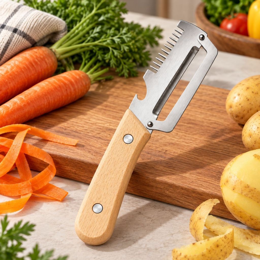 Descascador de Legumes e Frutas Inox 3 em 1 cabo de Madeira Tratada abridor de garrafa  manual