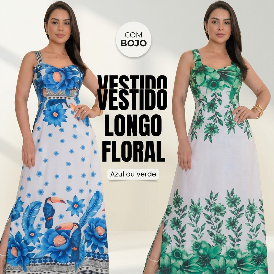 Vestido Longo Floral Feminino com Bojo Sem Sutiã Lastéx nas Costas Caimento Solto Tecido Respirável