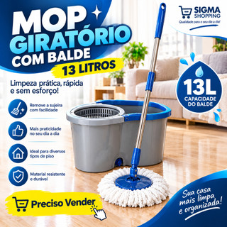 Mop Giratório com Balde 13 Litros e Cesto para Torção – Kit de Limpeza
