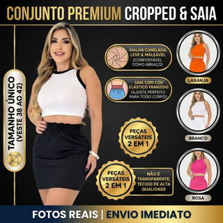 Conjunto Feminino Cropped Regata Canelada Saia Cintura Alta Elástico Veste 38 Ao 42