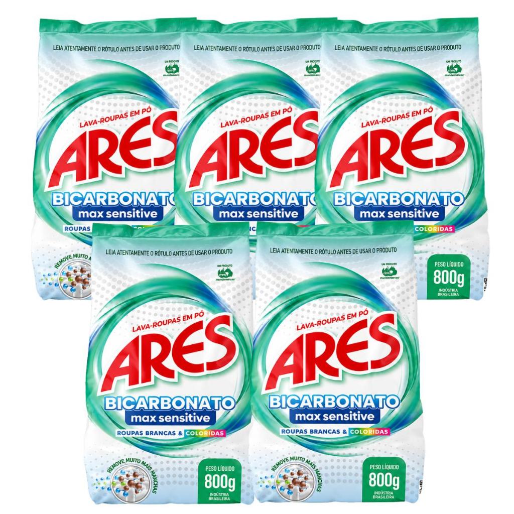 Kit 5 Unidades Lava Roupas Ares Em Pó Bicarbonato De Sódio Max Sensitive 800g Roupas Brancas e Coloridas