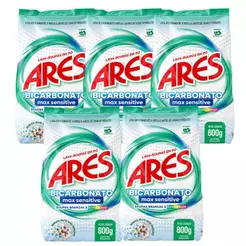 Kit 5 Unidades Lava Roupas Ares Em Pó Bicarbonato De Sódio Max Sensitive 800g Roupas Brancas e Coloridas