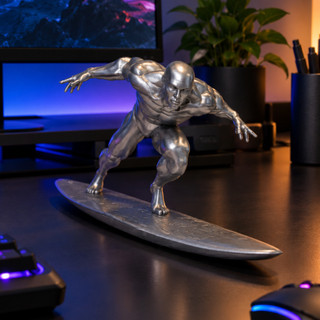 ✨ MINIATURA SURFISTA PRATEADO • ESTATUETA DECORATIVA • 13CM / 18CM • ARTE CONCEITUAL • COLECIONÁVEL PREMIUM