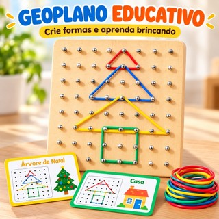 Geoplano de Madeira Montessori Brinquedo Educativo com Elásticos Formas Geométricas Cartões Raciocínio Lógico Infantil