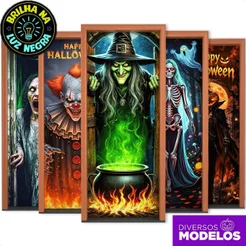 Capa de Porta Halloween Decoração Terror Dia das Bruxas Neon Brilha C/ Luz Negra 0,80x2,1m Tecido Sublimado