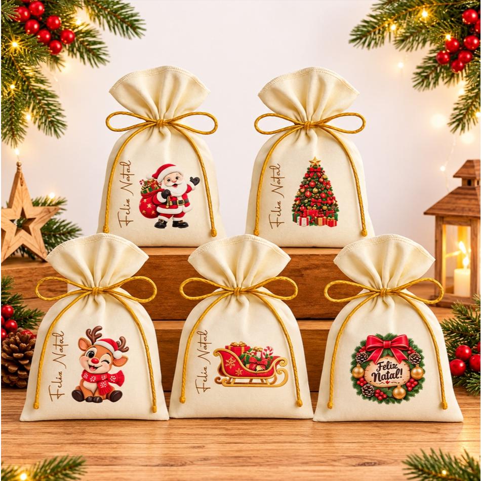 Kit 10 Saquinho Personalizados para Festa Lembrancinhas Natal Feliz Natal