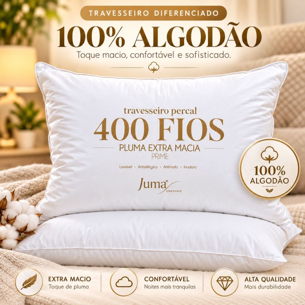 Travesseiro Percal 400 Fios 100% Algodão Toque Pena de Ganso de Hotel king e Padrão
