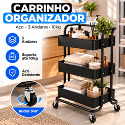 Carrinho Organizador 3 Andares Aço Carbono Multiuso Cozinha Rodinhas com Trava Prateleira Hercos