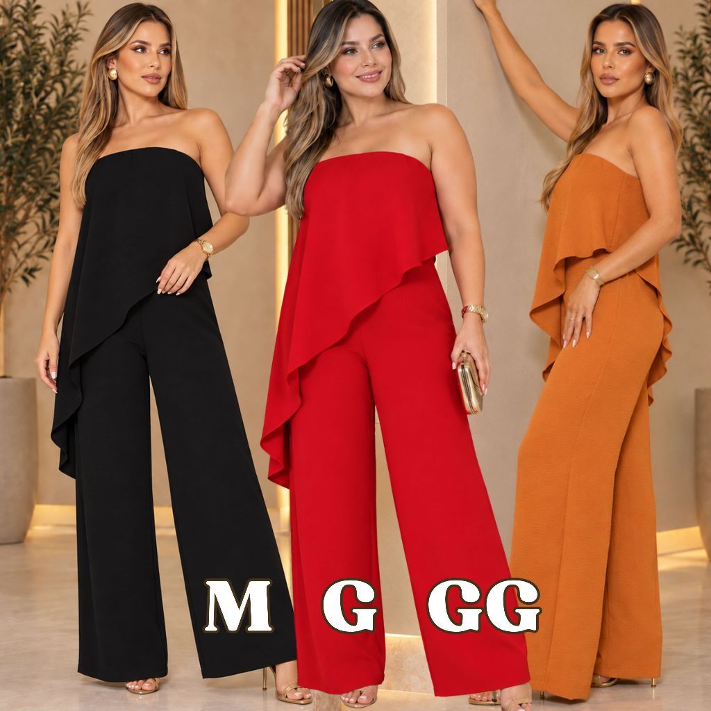 Macacão Feminino Tomara que Caia Pantalona Duna Premium Corte Lateral Assimétrico M G GG