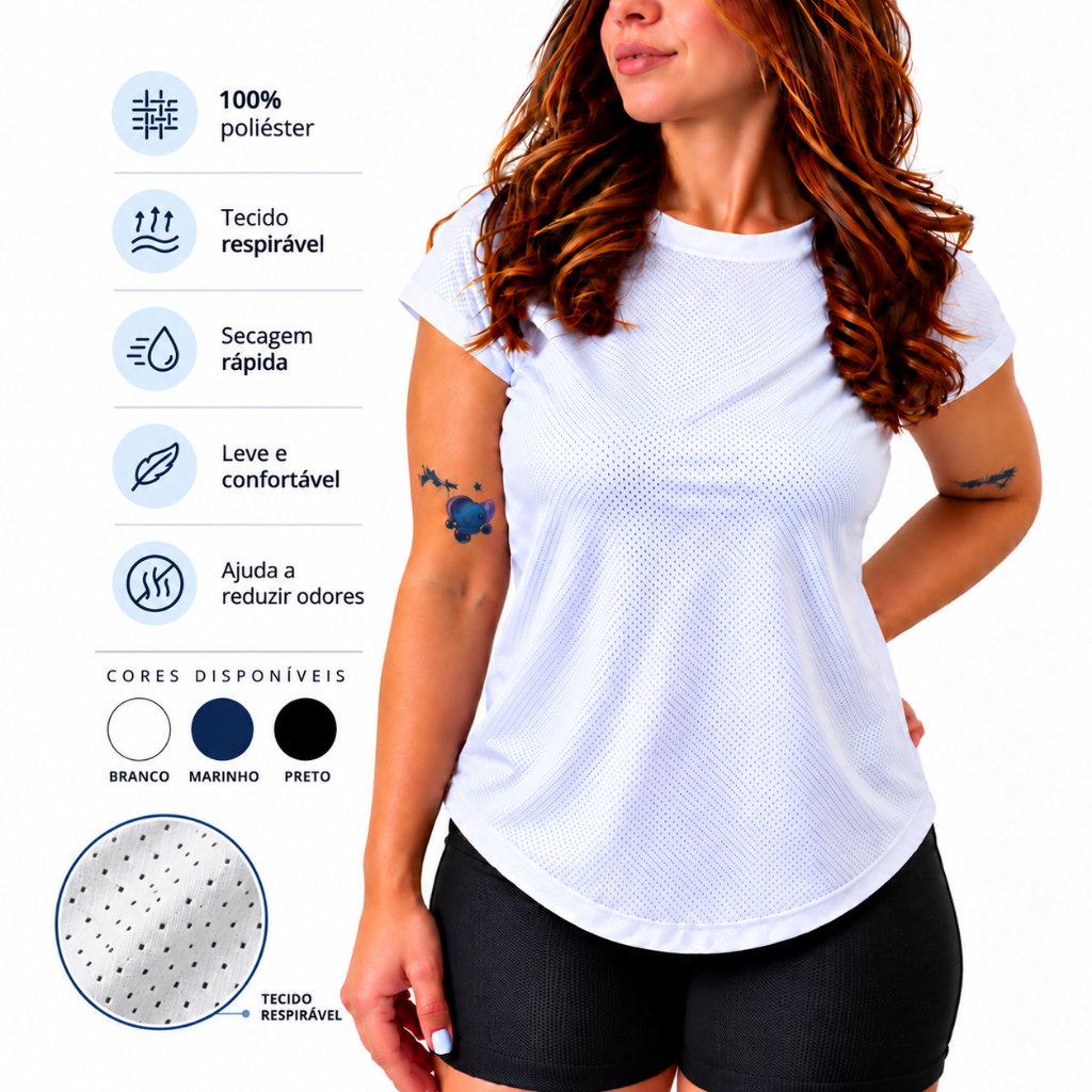 Camiseta Feminina Academia Dry Fit Fitness Esportiva Leve Respirável Secagem Rápida Manga Curta 100%