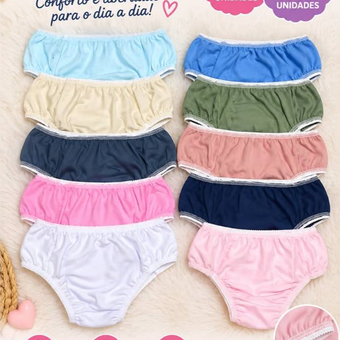 Calcinhas Infantil lisas Variadas Malha 100% Algodão com Cores Sortidas Kit com 5 ou 10 Unidades Confortável