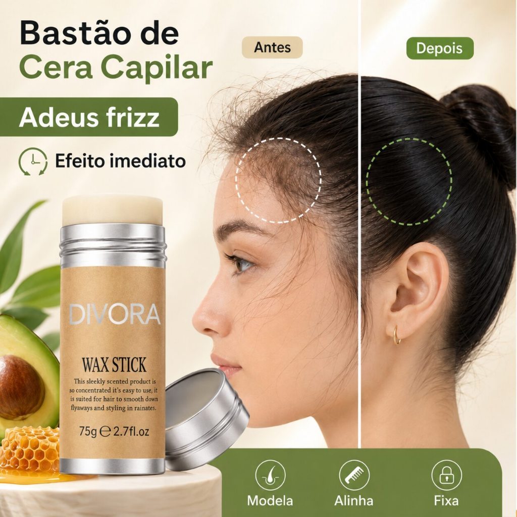 Bastão de Cera Modeladora para Cabelo 75g com Escova | Pomada Anti-Frizz, Fixador de Fios Rebeldes Nutrição