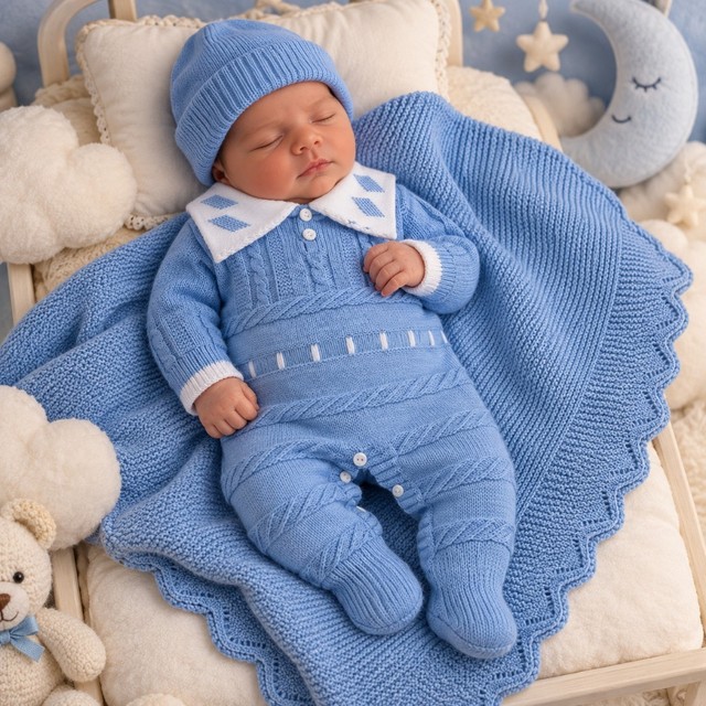Saída Maternidade em Tricot Luxury - Azul Serenity com Tranças Yuri