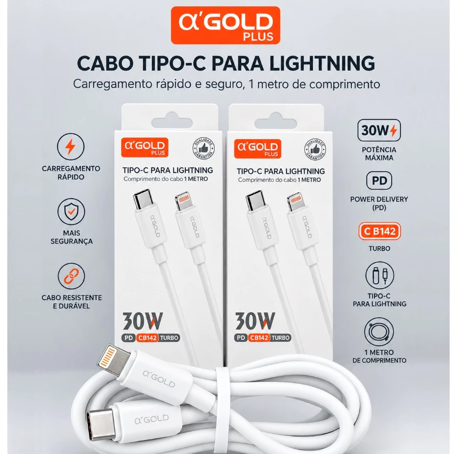 Cabo Tipo-C para Lightning 30W CB142 Turbo 1M iPhone Carregador Rápido Resistente α'GOLD Plus até linha iPhone 14