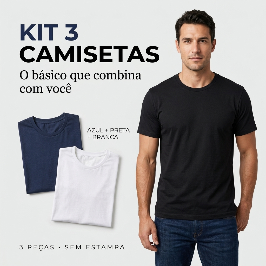 Kit 3 Camisetas Masculinas Básicas Lisas Sem Estampa Azul Preta e Branca