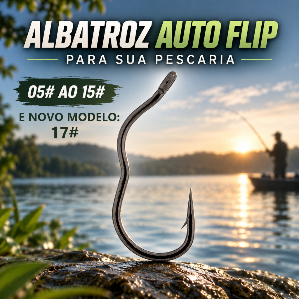 Anzol Albatroz Fishing Auto Flip Aço Carbono Black Nickel Afiado Pesca 05# ao 15# e 17# Pacote 9 a 12 Unidades