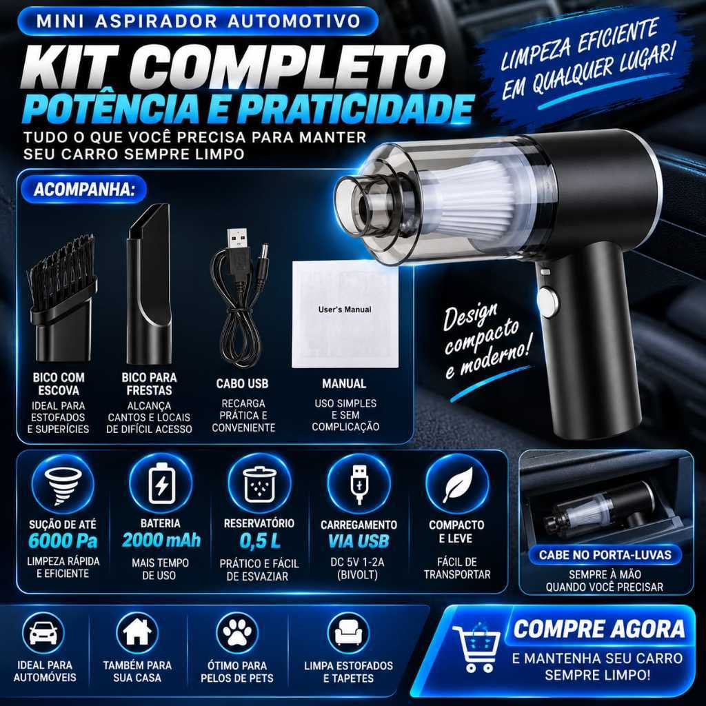 Mini Aspirador De Po Automotivo Portatil Recarregavel 6000pa Preto