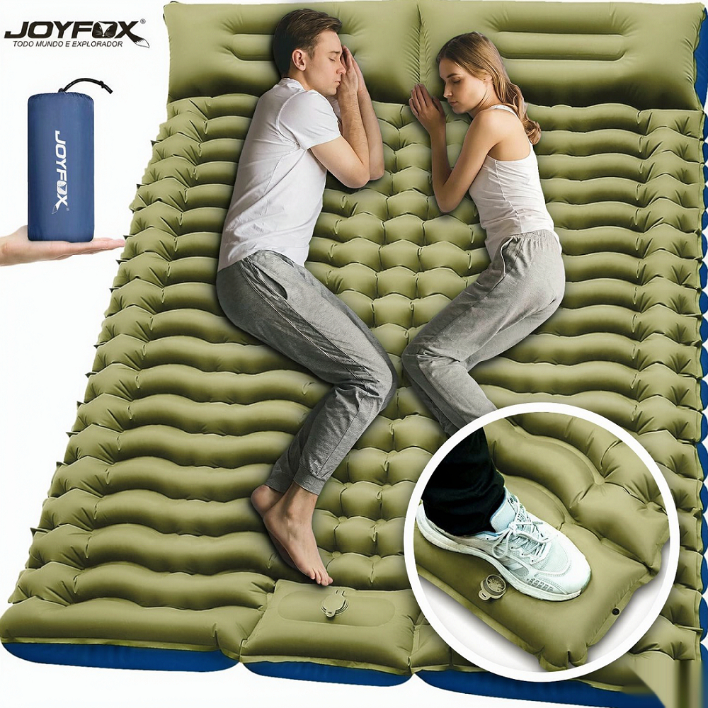 Colchão Inflável Dobrável Acampamento 203x136x10cm Impermeável Secagem Rápida Compacto Com Inflação a Pé JOYFOX