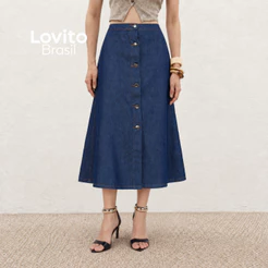 Lovito Saia Jeans Midi com Botões Godê Moda Feminina SKB469BRL498