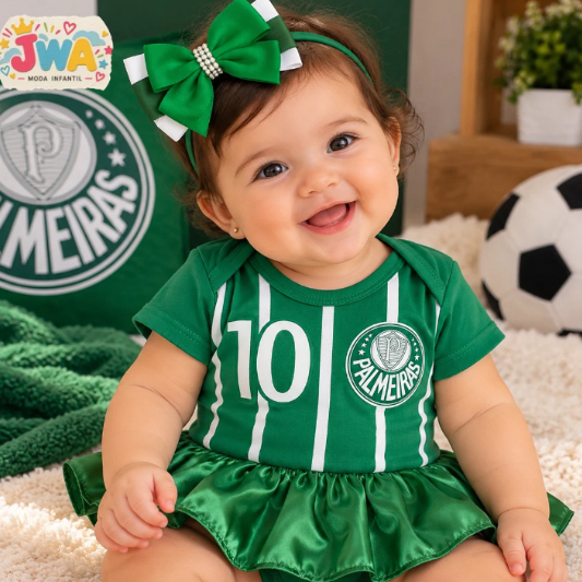 Body Bebê Temático Palmeiras Menina+Laço Mesversario