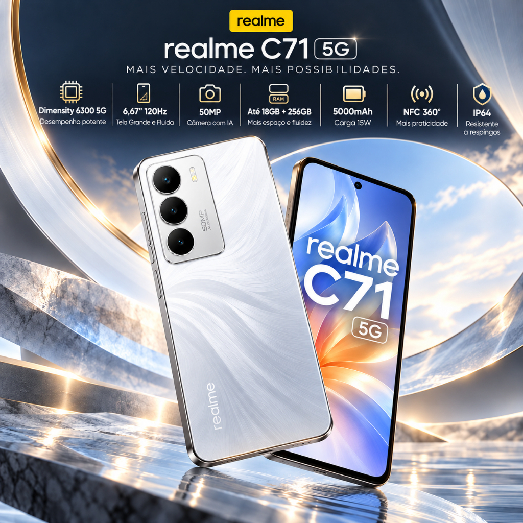 Celular Realme C71 5G Smartphone 8GB + 256GB Global versão NFC 50MP 5000 mAh Android 15 barato novo
