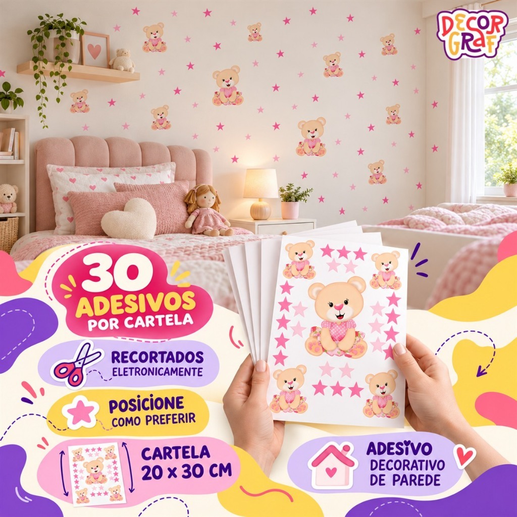 Adesivo Decorativo De Parede Quarto Menina Ursinha Ursa Rosa Estrelas Autoadesivo — imagem 2 de 2