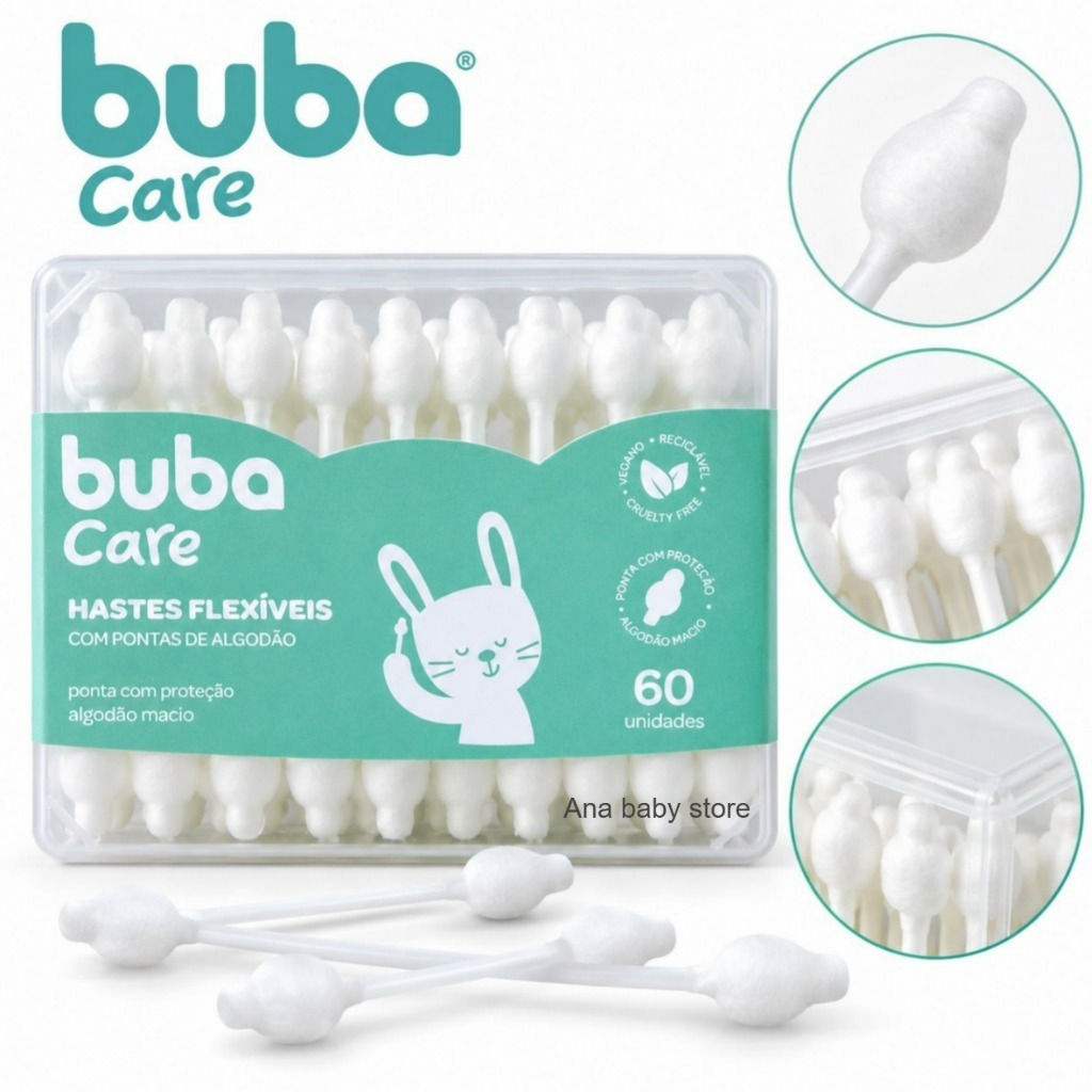 KIT 60 COTONETE HASTES  BUBA FLEXÍVEIS BABY 60 UNIDADES
