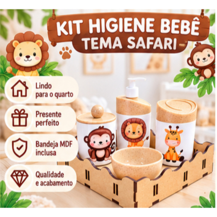 Kit Higiene Bebê Safari c/ Bandeja Quadrada Crua em MDF