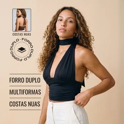 Blusa Frente Única Feminina Forro Duplo Top Halter Cropped Costas Nuas Multiformas De Amarrar No Pescoço Decote V Verão