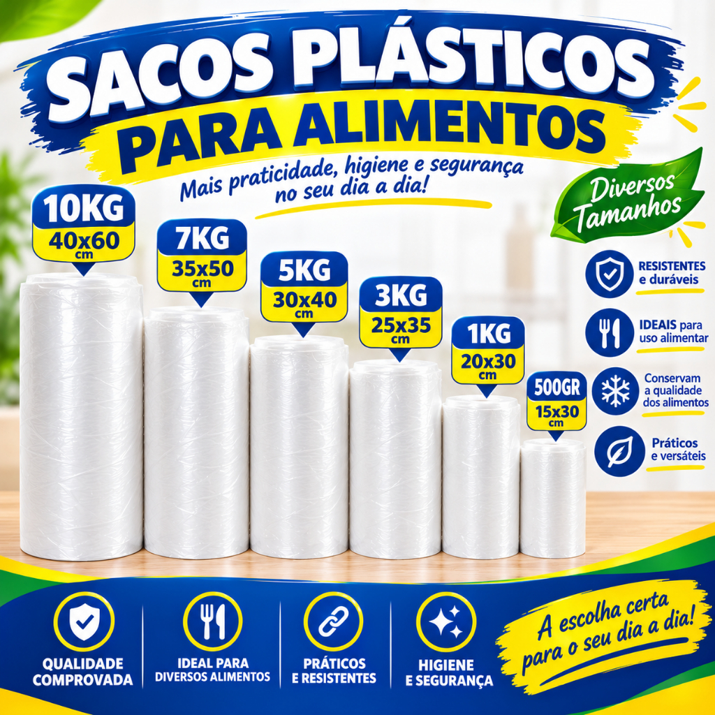 Rolo de Embalagem de Bobina Picotada Para Armazenamento de Alimentos - 500 Sacos - Escolha o Tamanho