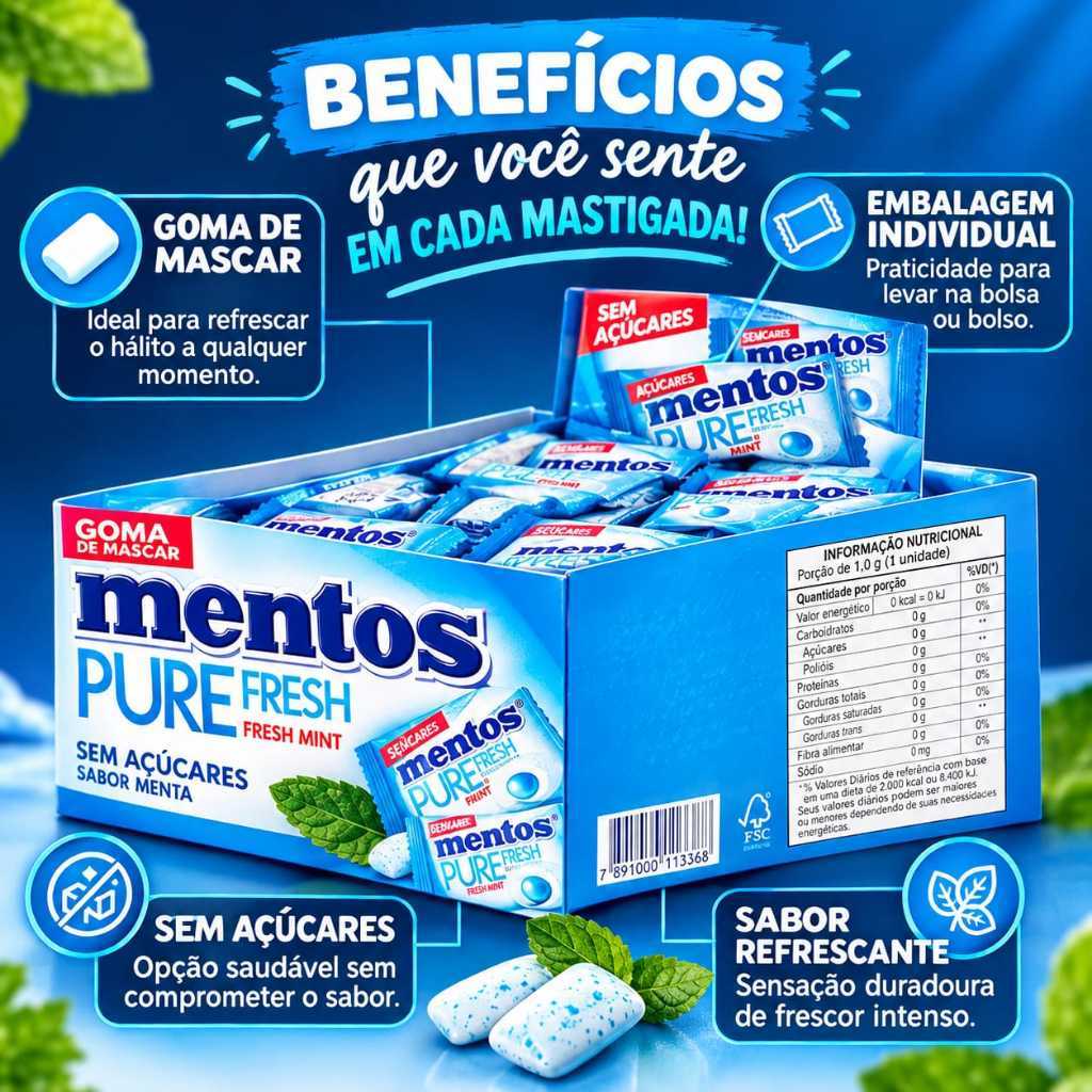 Chiclete Mentos Monopeça Pure FreshMint Caixa 60 unidades - Menta