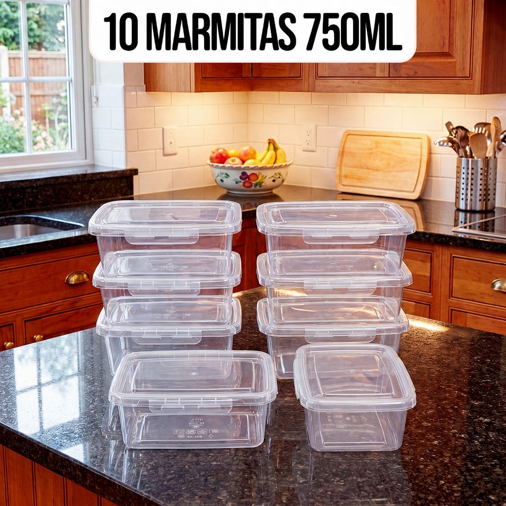 10 Unidades de  Marmitas Potes 750ml Travas Laterais hermeticas Livres de BPA Alimentos organiza congelador - KAZIVA