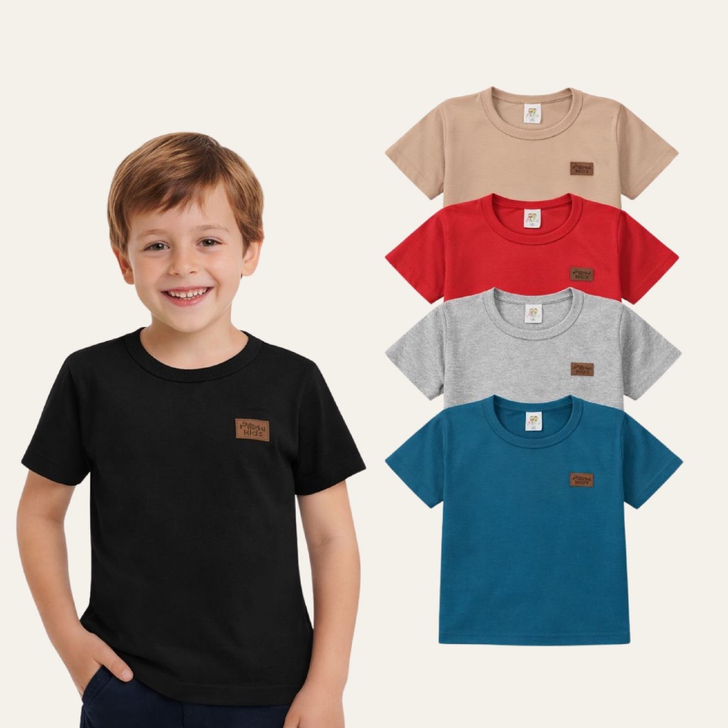 Kit com 5 Camisetas Básicas Infantil para Meninos Confortável e Coloridas Casual Verão- 100% Algodão