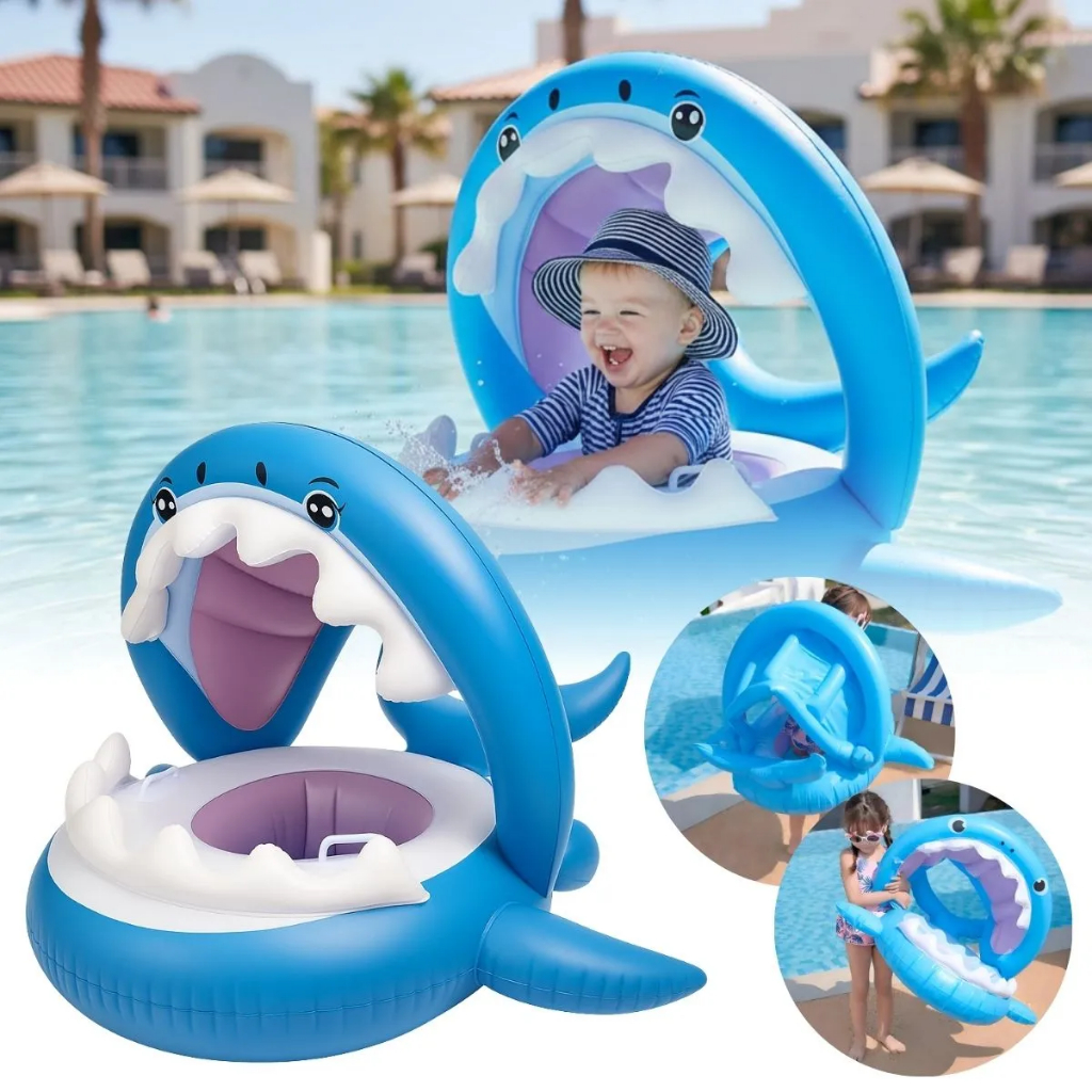 Boia Bote Inflável Tubarão Para Bebês Crianças 0-3 Anos Com Proteção Solar Piscina Praia Resistente