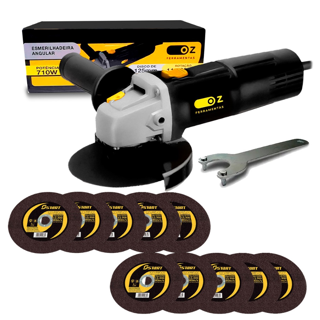 Esmerilhadeira Lixadeira Angular 4.1/2 115mm 710w Ozline + 10 Discos Fino De Corte 4.1/2" em Oferta na Shopee