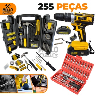 Jogo Kit Ferramentas 255 Peças com Parafusadeira/Furadeira 21V Sem Fio + Jogo de Soquete e Maleta Completa Profissional em Oferta na Shopee