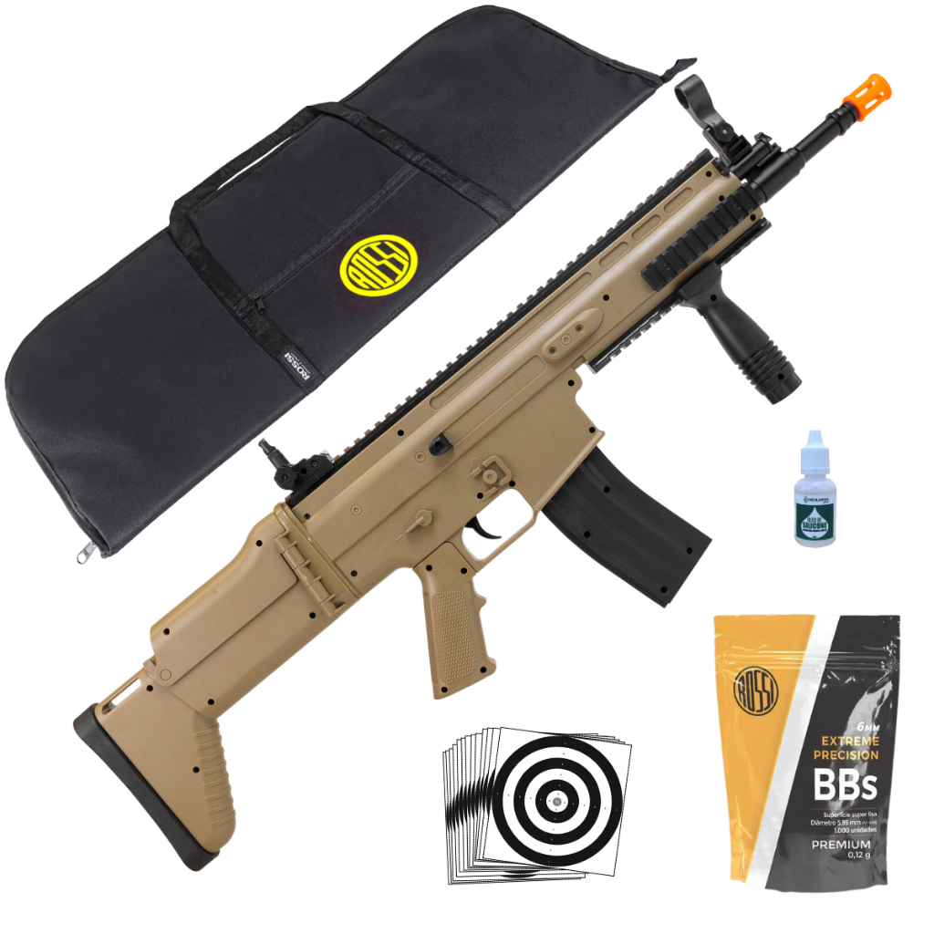 Rifle de Airsoft Vg Scar L - 8902 Tan Rossi Vigor Mola Spring Cal. 6mm + Acessórios e BBS