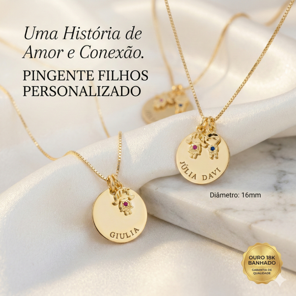 Colar Filhos Personalizado Com Nomes Banhado em Ouro 18k Mãe