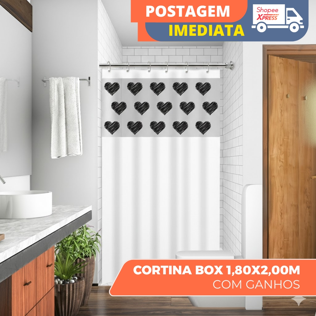 Cortina Box 1,80x2,00m e 1,38 x 1,98m Com Ganchos Pvc 100% Antimofo Cores e Estampas Variadas