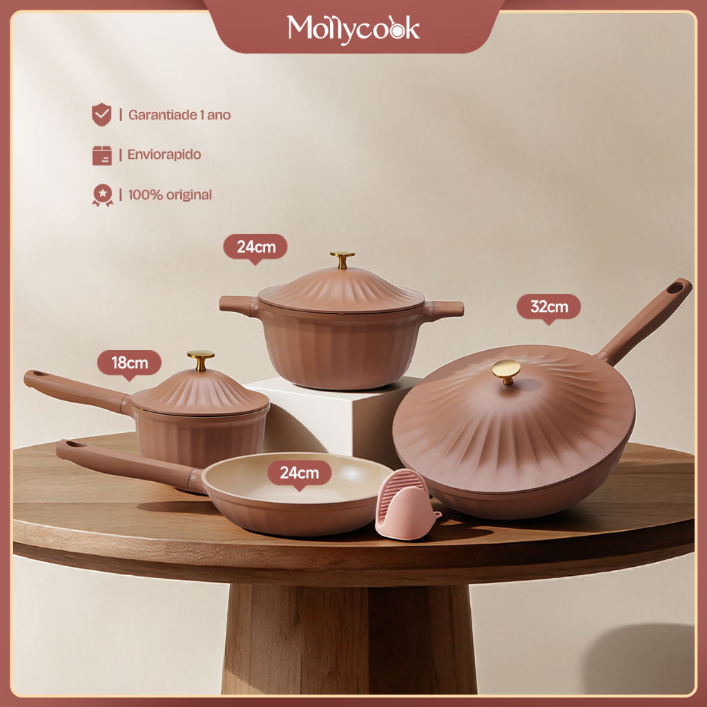 Mollycook Conjunto Panelas Kit 5 Peças Alumínio Jogo Panelas Elegance Antiaderente Cerâmica Para Indução Gás Linha Akoya