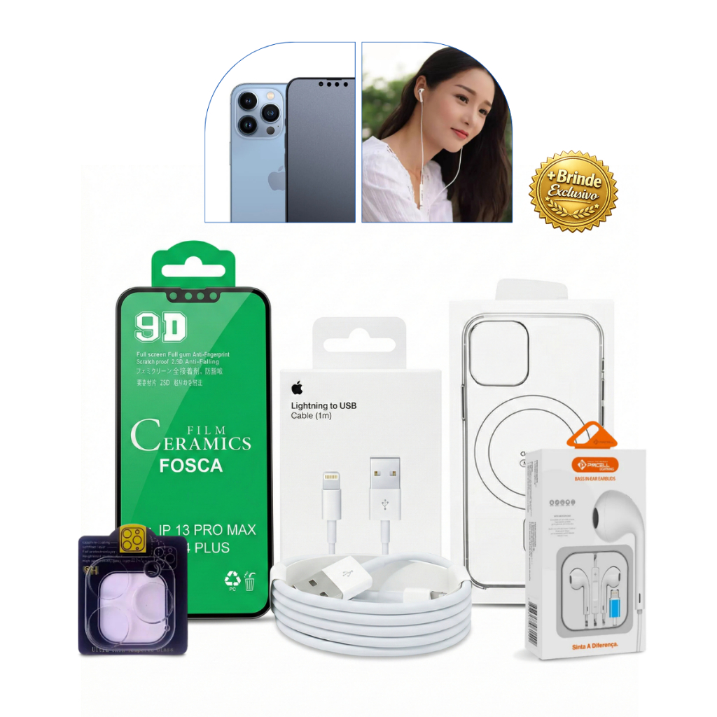 Kit iPhone Capa Magnética Transparente Película 9D Fone Cabo Lightning Completo Carregador