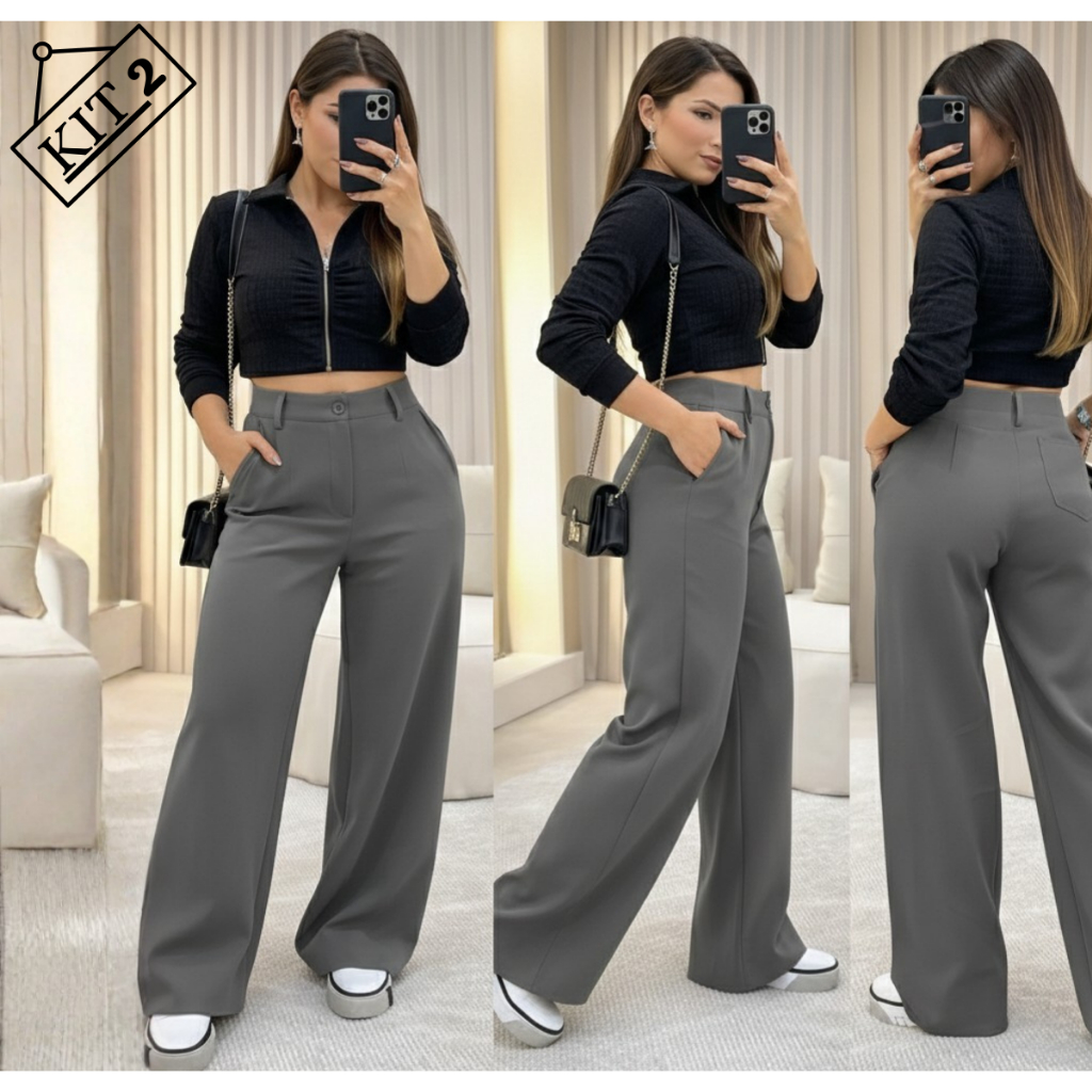 KIT 2 Calça Pantalona Alfaiataria Premium Com Bolso Cintura Alta PROMOÇÃO