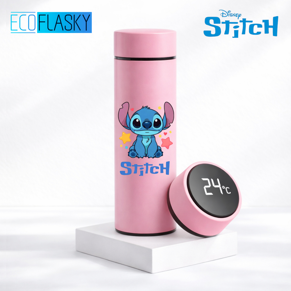 Garrafa Térmica de Água Infantil Aço Inoxidável Stitch Fofo Termometro LED Digital Estampada 500ml