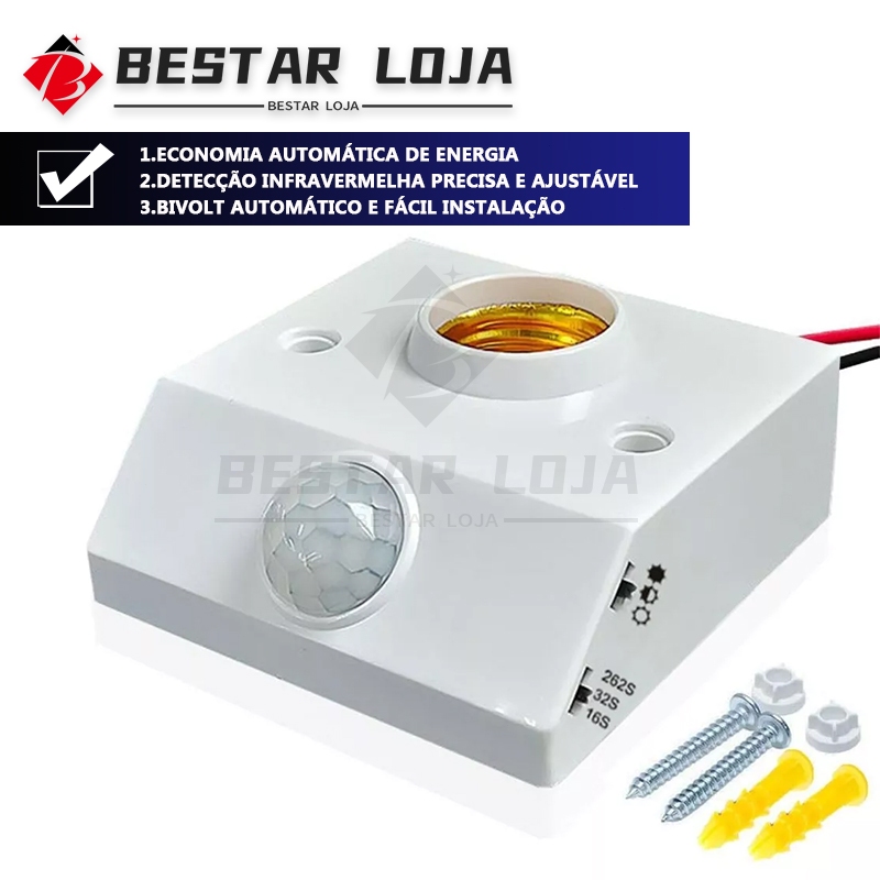 BESTAR LOJA Sensor de Presença Com Fotocélula Para Lâmpada Soquete E27 Modelo Quadrado