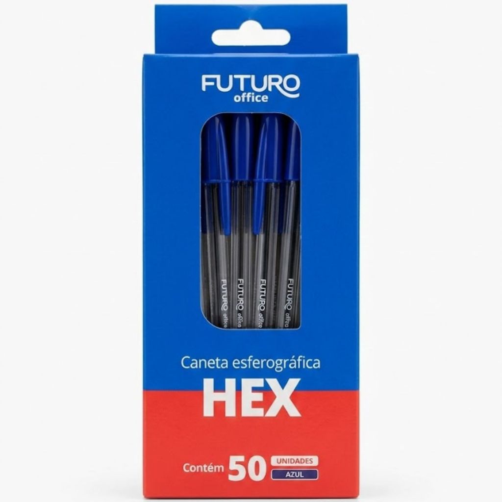 Caixa de Caneta Esferográfica HEX – 50 Unidades (Azul ou Vermelha)