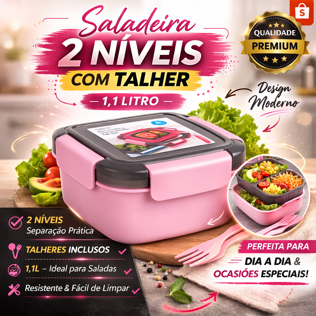 Saladeira 2 Níveis com Talher 1,1L Pote Salada com Divisória Bowl Plástico Rosa Elegante Marmita