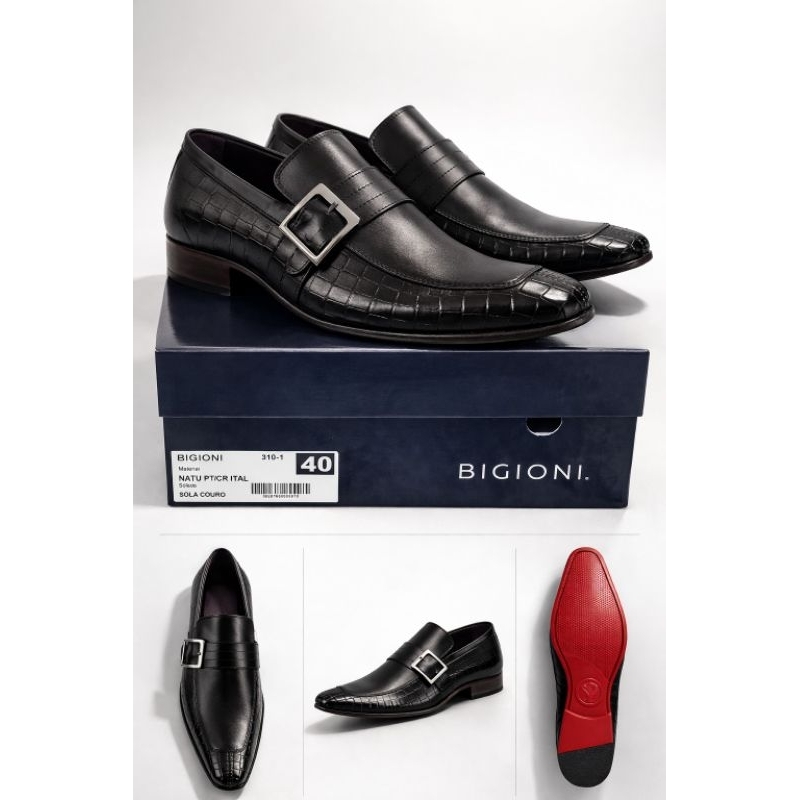 Sapato Social Masculino Couro Preto Bigioni N°40 Luxo Fivela + Solado Vermelho.