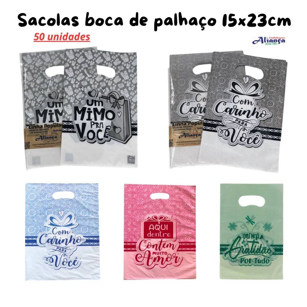 50 Sacolas 15X23cm Boca de Palhaço embalagem para presente sacolas  plastica para loja